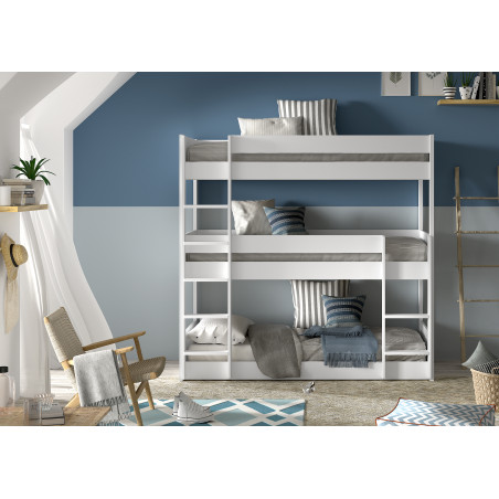 Lit superposé triple PIERROT 90 x 200 cm - Pin scandinave, blanc