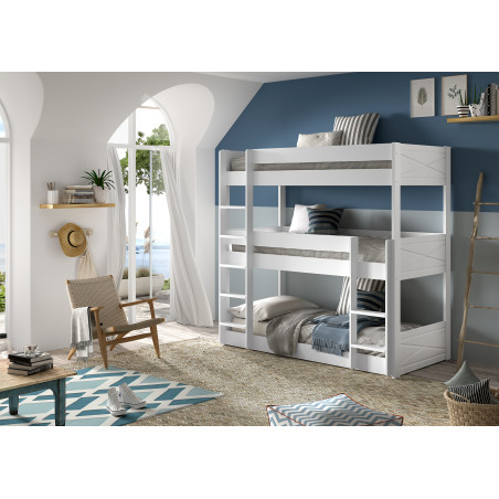 Lit superposé triple PIERROT 90 x 200 cm - Pin scandinave, blanc