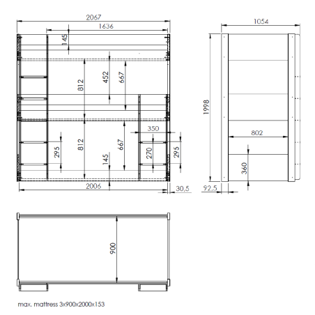 Lit superposé triple PIERROT 90 x 200 cm - Pin scandinave, blanc