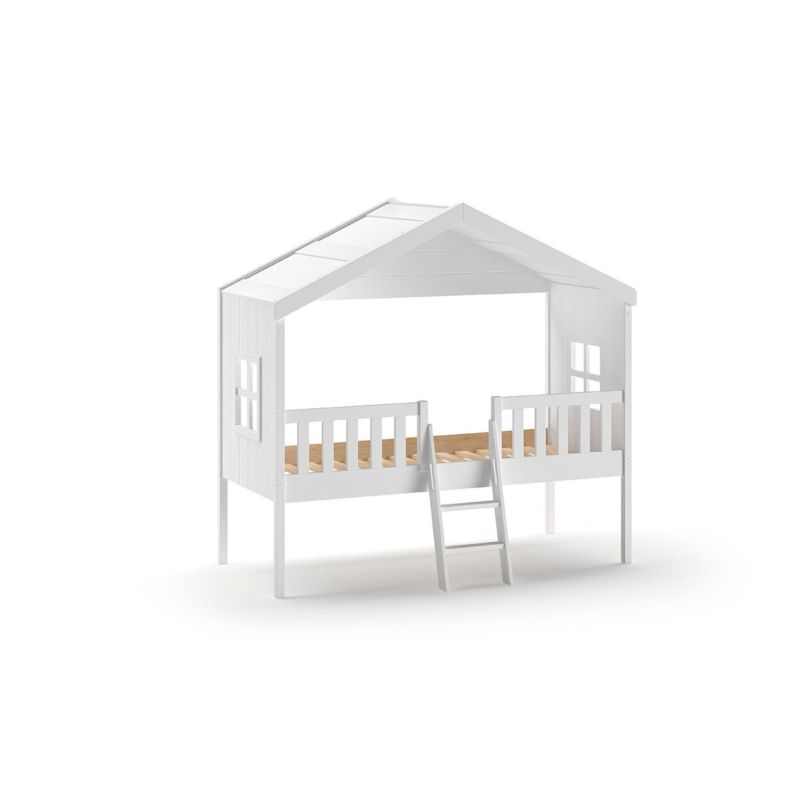Lit cabane avec échelle HANSEL 90 x 200 cm - Pin scandinave et MDF, blanc