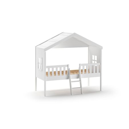 Lit cabane avec échelle HANSEL 90 x 200 cm - Pin scandinave et MDF, blanc
