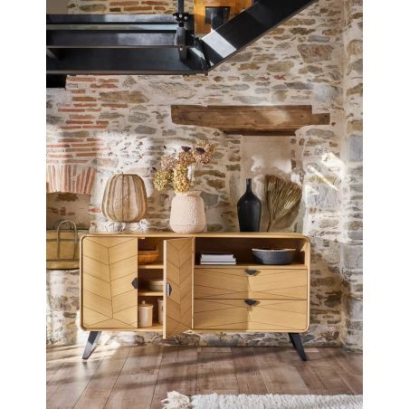 Enfilade TOKYO 160 cm - Chêne naturel, décor chevron