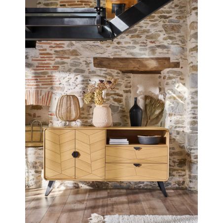 Enfilade TOKYO 160 cm - Chêne naturel, décor chevron