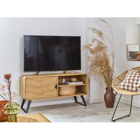 Meuble TV TOKYO 113 cm - Chêne naturel, décor chevron