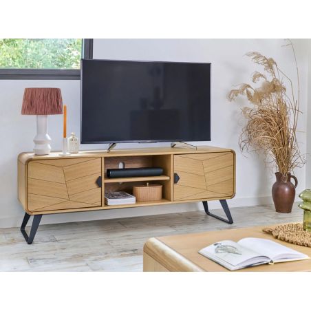 Meuble TV TOKYO 165 cm - Chêne naturel, décor chevron