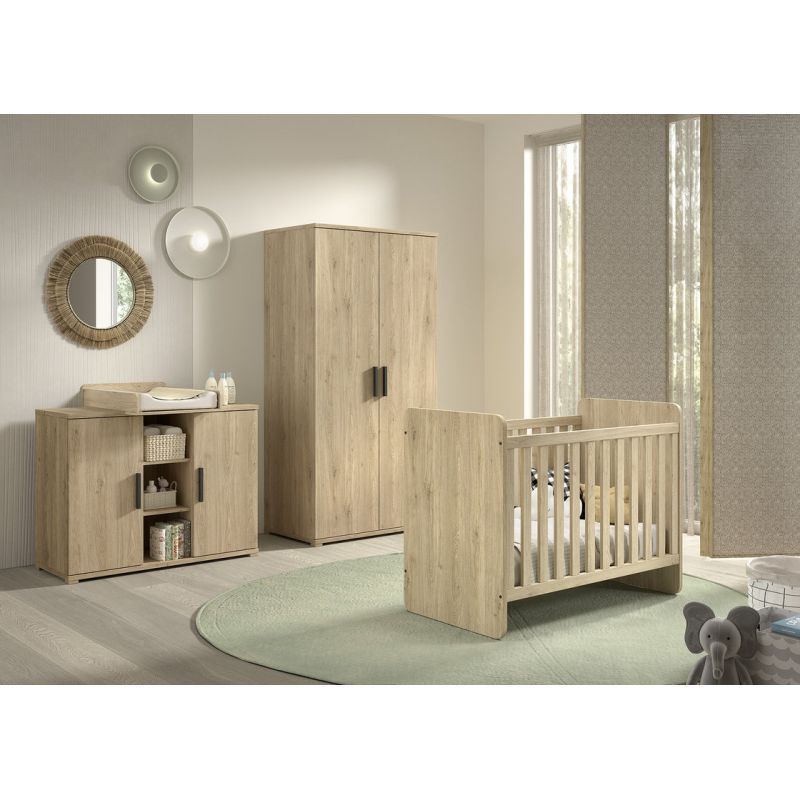 Chambre bébé complète COLIN chêne avec lit évolutif 60 x 120 cm, commode à langer 116 cm et armoire 100 cm