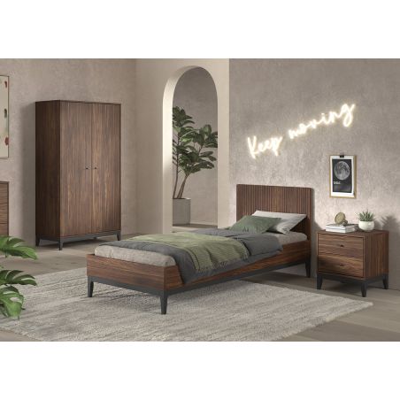 Chambre enfant complète PAZU noyer avec lit 90 cm, armoire 100 cm et chevet