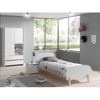 Chambre enfant complète SATSUKI blanche avec lit 90 cm, armoire 90 cm et chevet