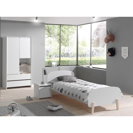 Chambre enfant complète SATSUKI blanche avec lit 90 cm, armoire 90 cm et chevet