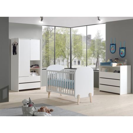 Chambre bébé complète SATSUKI blanche avec lit 60 x 120 cm, commode à langer 90 cm et armoire 90 cm