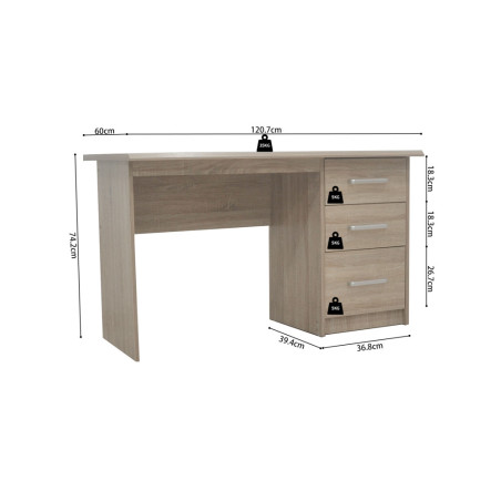 Bureau 121 cm MERISIER avec 3 tiroirs