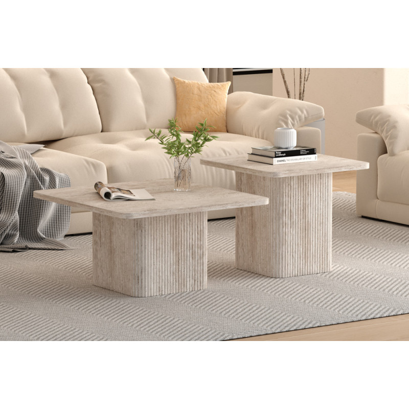 Set de 2 tables basses BAMBOU en décor travertin beige