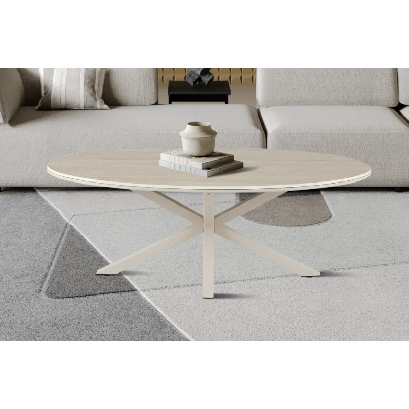 Table basse ovale 130 x 70 cm NACRE plateau en pierre frittée