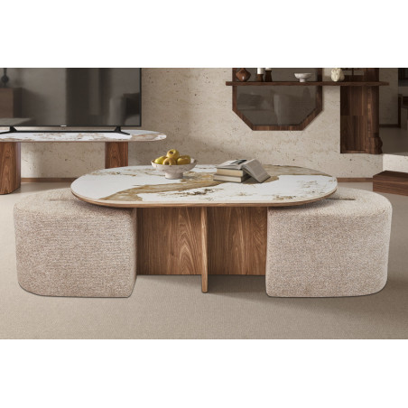 Table basse 120 x 60 cm EVIANE plateau en pierre frittée avec 2 poufs