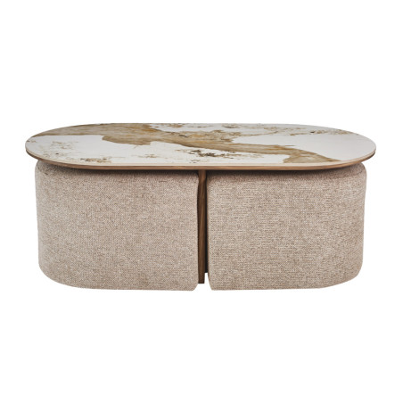 Table basse 120 x 60 cm EVIANE plateau en pierre frittée avec 2 poufs