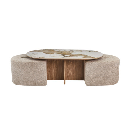 Table basse 120 x 60 cm EVIANE plateau en pierre frittée avec 2 poufs
