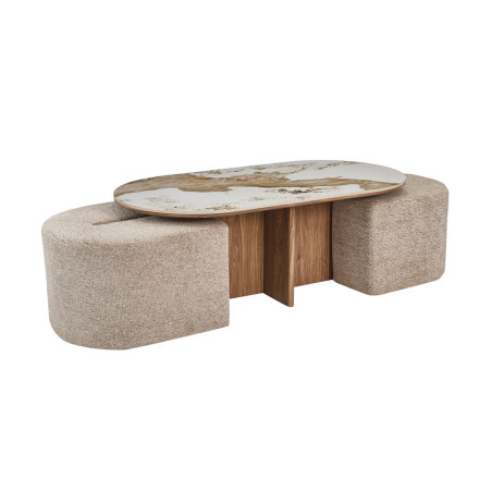 Table basse 120 x 60 cm EVIANE plateau en pierre frittée avec 2 poufs