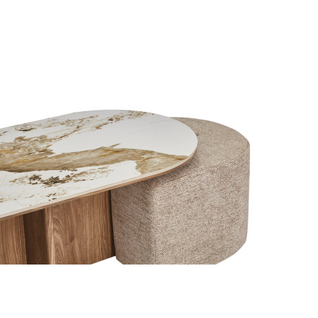 Table basse 120 x 60 cm EVIANE plateau en pierre frittée avec 2 poufs