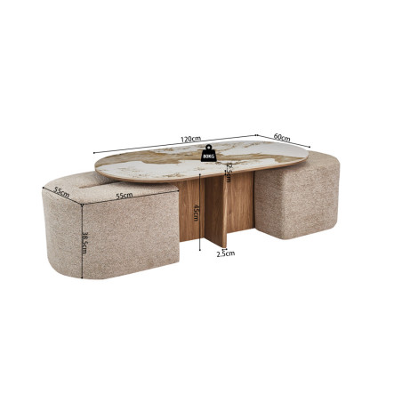 Table basse 120 x 60 cm EVIANE plateau en pierre frittée avec 2 poufs