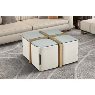 Table basse 90 x 90 cm SAFRAN plateau en verre avec 4 poufs