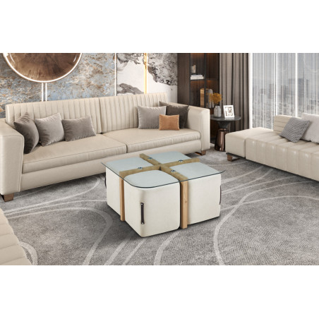 Table basse 90 x 90 cm SAFRAN plateau en verre avec 4 poufs