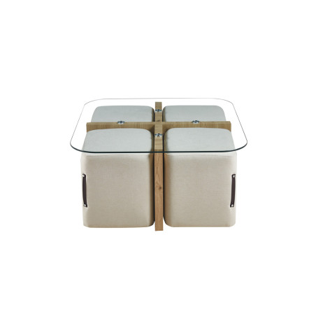 Table basse 90 x 90 cm SAFRAN plateau en verre avec 4 poufs