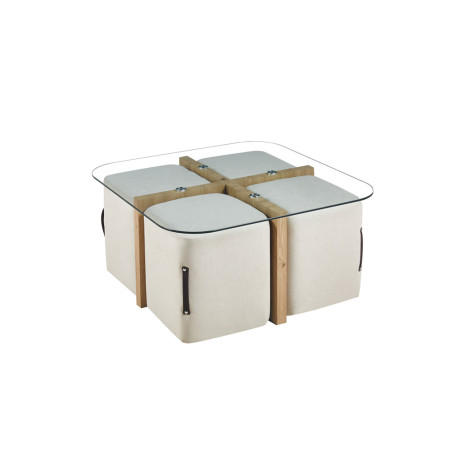 Table basse 90 x 90 cm SAFRAN plateau en verre avec 4 poufs