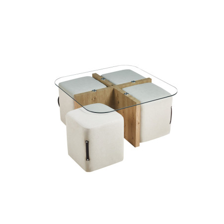 Table basse 90 x 90 cm SAFRAN plateau en verre avec 4 poufs