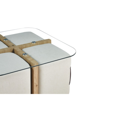 Table basse 90 x 90 cm SAFRAN plateau en verre avec 4 poufs