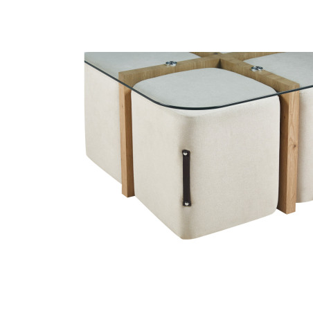 Table basse 90 x 90 cm SAFRAN plateau en verre avec 4 poufs