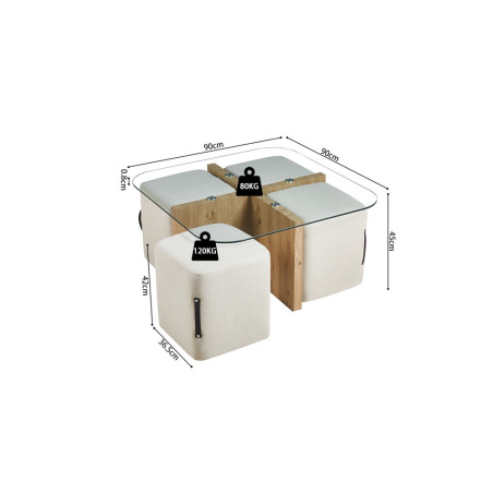 Table basse 90 x 90 cm SAFRAN plateau en verre avec 4 poufs