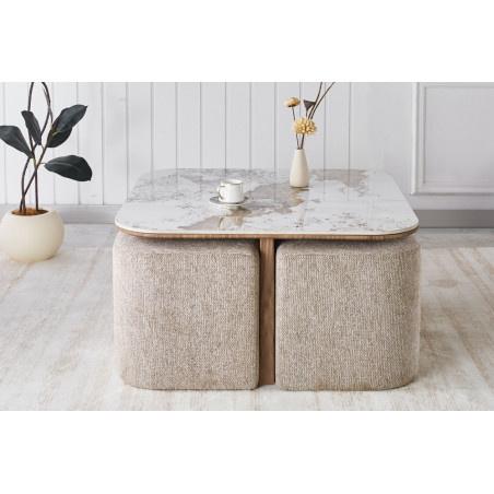 Table basse 80 x 45 cm EVIANE plateau en pierre frittée avec 4 poufs