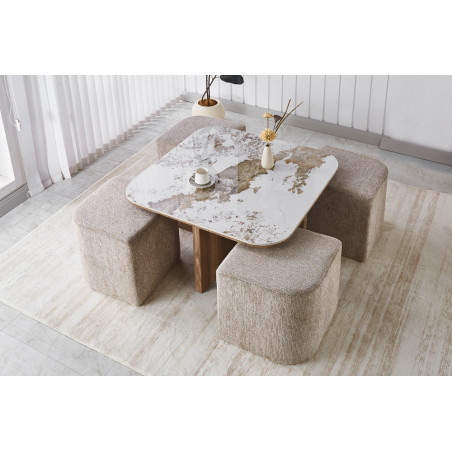 Table basse 80 x 45 cm EVIANE plateau en pierre frittée avec 4 poufs