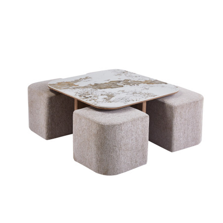 Table basse 80 x 45 cm EVIANE plateau en pierre frittée avec 4 poufs
