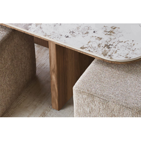 Table basse 80 x 45 cm EVIANE plateau en pierre frittée avec 4 poufs