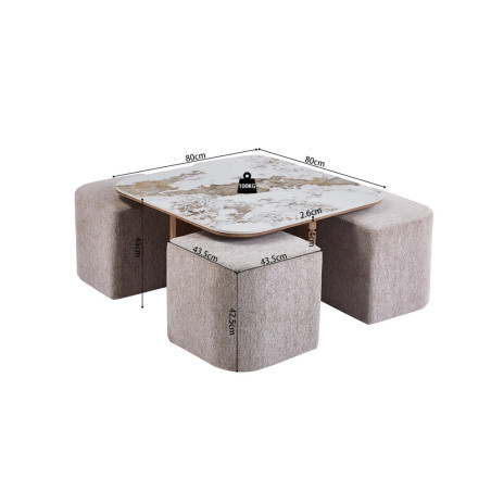Table basse 80 x 45 cm EVIANE plateau en pierre frittée avec 4 poufs