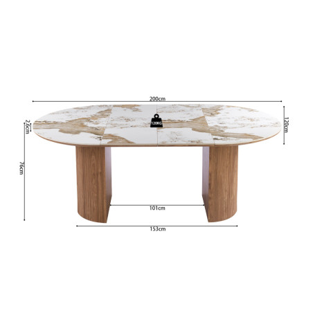 Table extensible 120 à 160 à 200 cm EVIANE plateau en pierre frittée