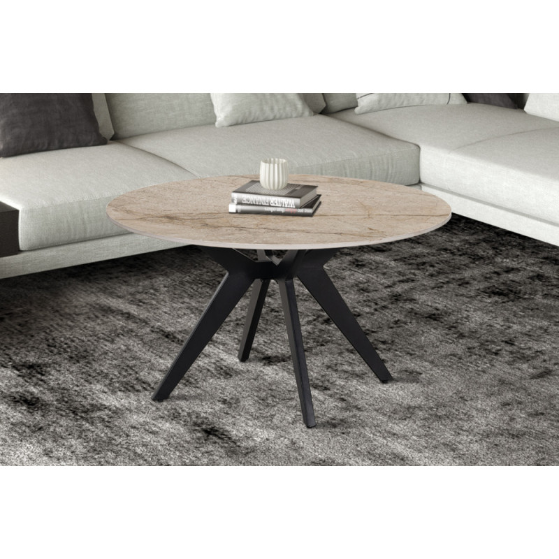 ALBATRE, table basse ronde 80 cm - plateau pierre frittée - pieds en métal noir - 4 finitions