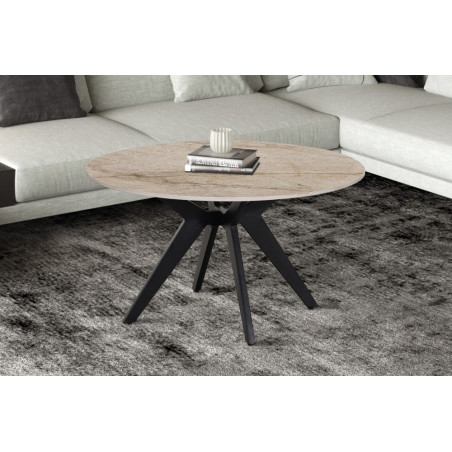 ALBATRE, table basse ronde 80 cm - plateau pierre frittée - pieds en métal noir - 4 finitions