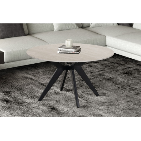ALBATRE, table basse ronde 80 cm - plateau pierre frittée - pieds en métal noir - 4 finitions