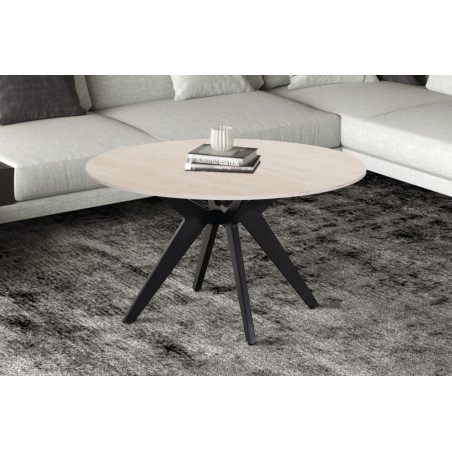 ALBATRE, table basse ronde 80 cm - plateau pierre frittée - pieds en métal noir - 4 finitions