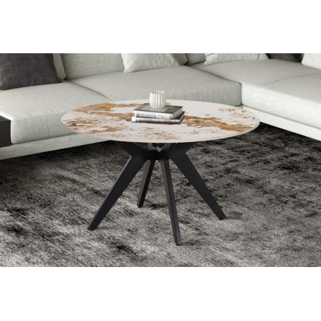 ALBATRE, table basse ronde 80 cm - plateau pierre frittée - pieds en métal noir - 4 finitions