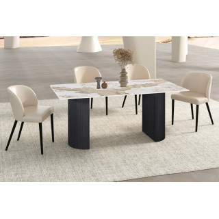 LAZULI, table à manger 180 cm - plateau pierre frittée - pieds en métal noir - 2 finitions