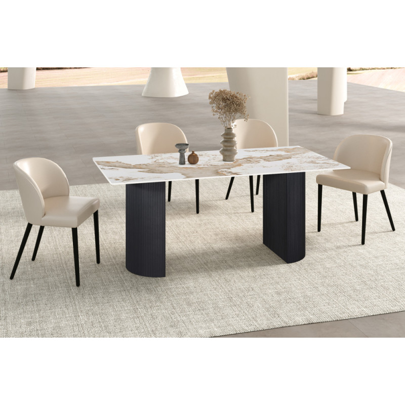 LAZULI, table à manger 180 cm - plateau pierre frittée - pieds en métal noir - 2 finitions