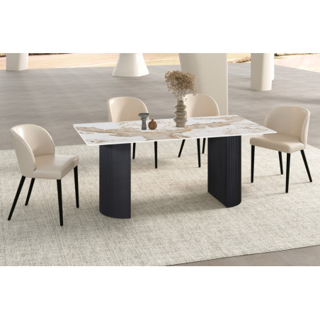LAZULI, table à manger 180 cm - plateau pierre frittée - pieds en métal noir - 2 finitions