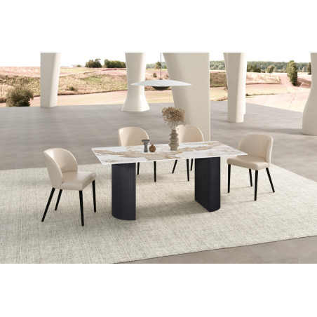 LAZULI, table à manger 180 cm - plateau pierre frittée - pieds en métal noir - 2 finitions