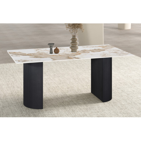 LAZULI, table à manger 180 cm - plateau pierre frittée - pieds en métal noir - 2 finitions