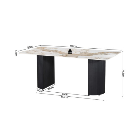 LAZULI, table à manger 180 cm - plateau pierre frittée - pieds en métal noir - 2 finitions
