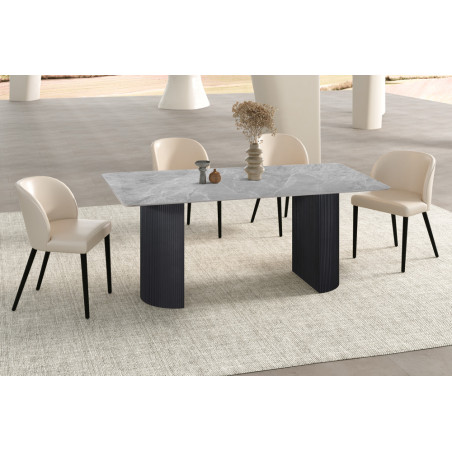 LAZULI, table à manger 180 cm - plateau pierre frittée - pieds en métal noir - 2 finitions
