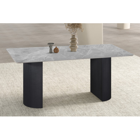 LAZULI, table à manger 180 cm - plateau pierre frittée - pieds en métal noir - 2 finitions